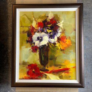 Framed Multicolor Flowers In A Vase Oil Painting By Artist Clifton 24" x 28"